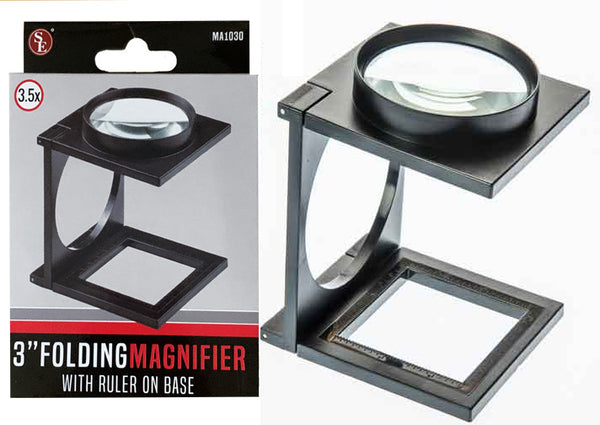 3" Diameter 3.5x Folding Glass Lens Magnifier with Inch/MM Ruler on Base
