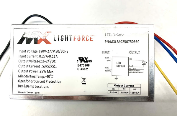 MXLFA0250750S6C, 16-24V DC Constant Current LED Driver ~ 750, 900, 1,050mA