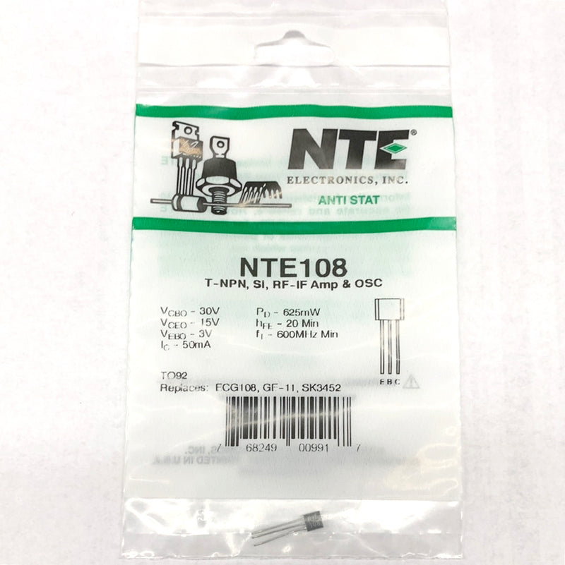 NTE108, 50mA @ 30V NPN Silicon RF/IF Amplifier & Oscillator ~ TO-92 (ECG108)