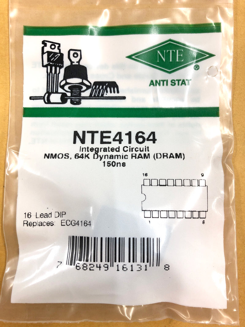 NTE4164, NMOS 64K (65,536 x 1) Dynamic RAM (DRAM) 150nS ~ 16 Pin DIP (ECG4164)