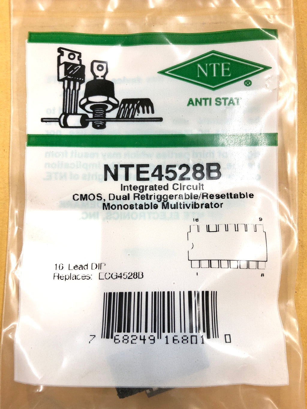 NTE4528B, CMOS Dual Retriggerable Monostable Multivibrator 16 Pin DIP ...