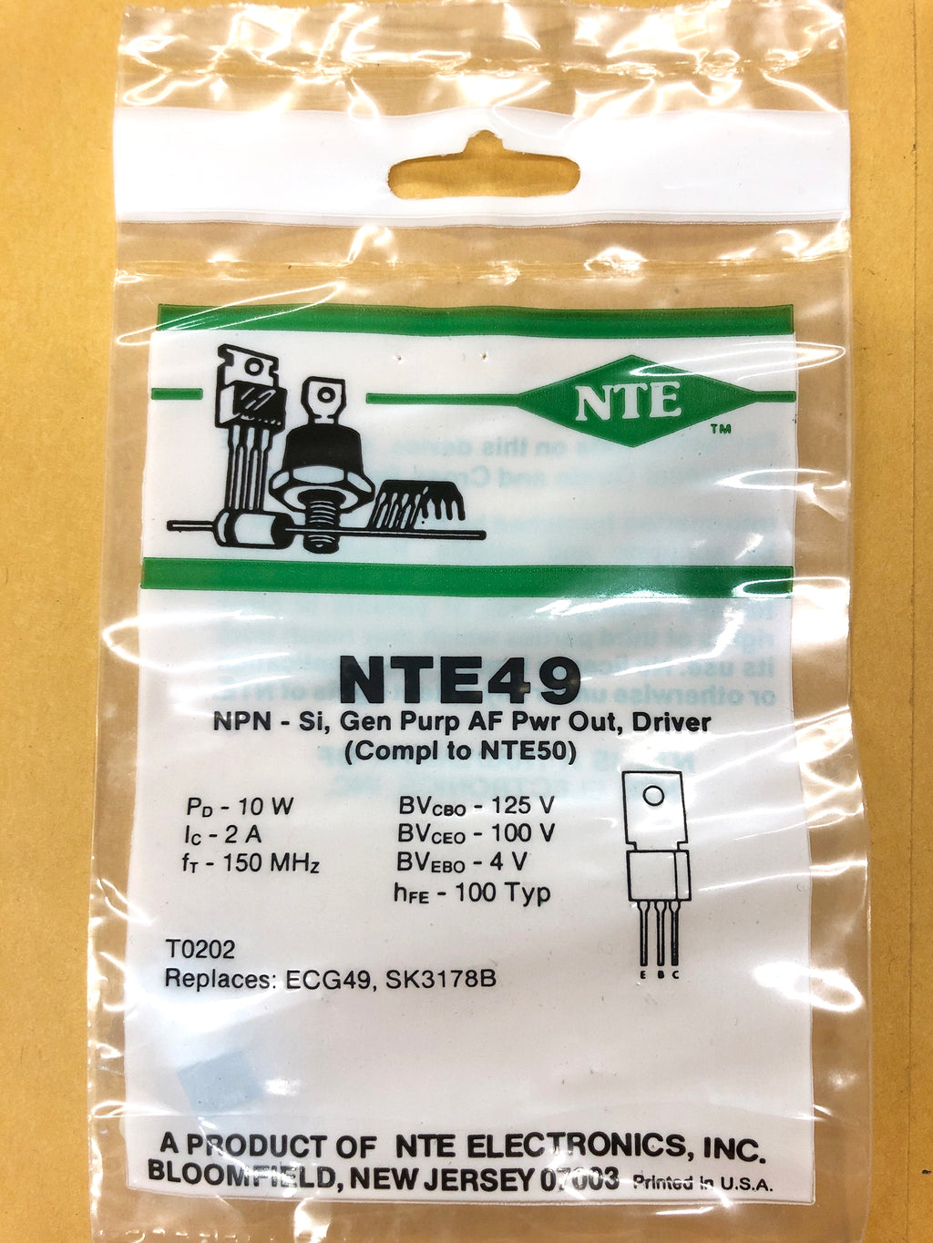NTE49, 2A @ 125V NPN Silicon Transistor Audio Amp and Driver ~ TO-202 ...