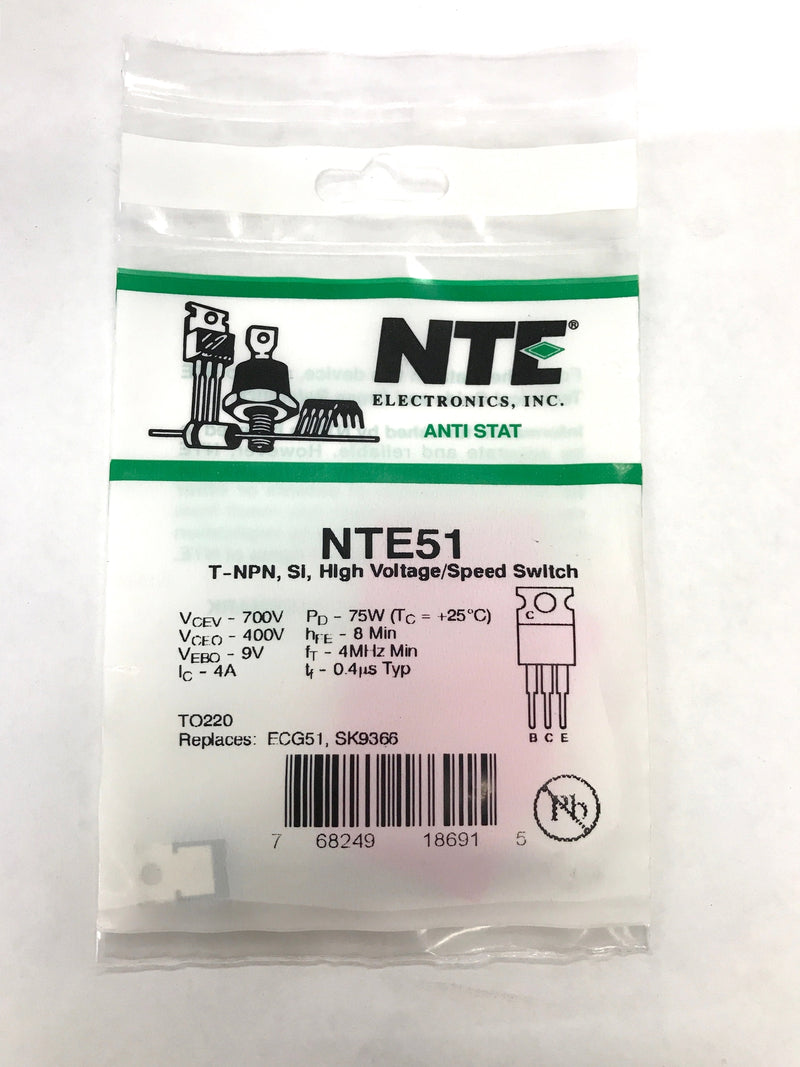 NTE51 NPN Silicon Transistor High Voltage, High Speed Switch TO220 ~ ECG51