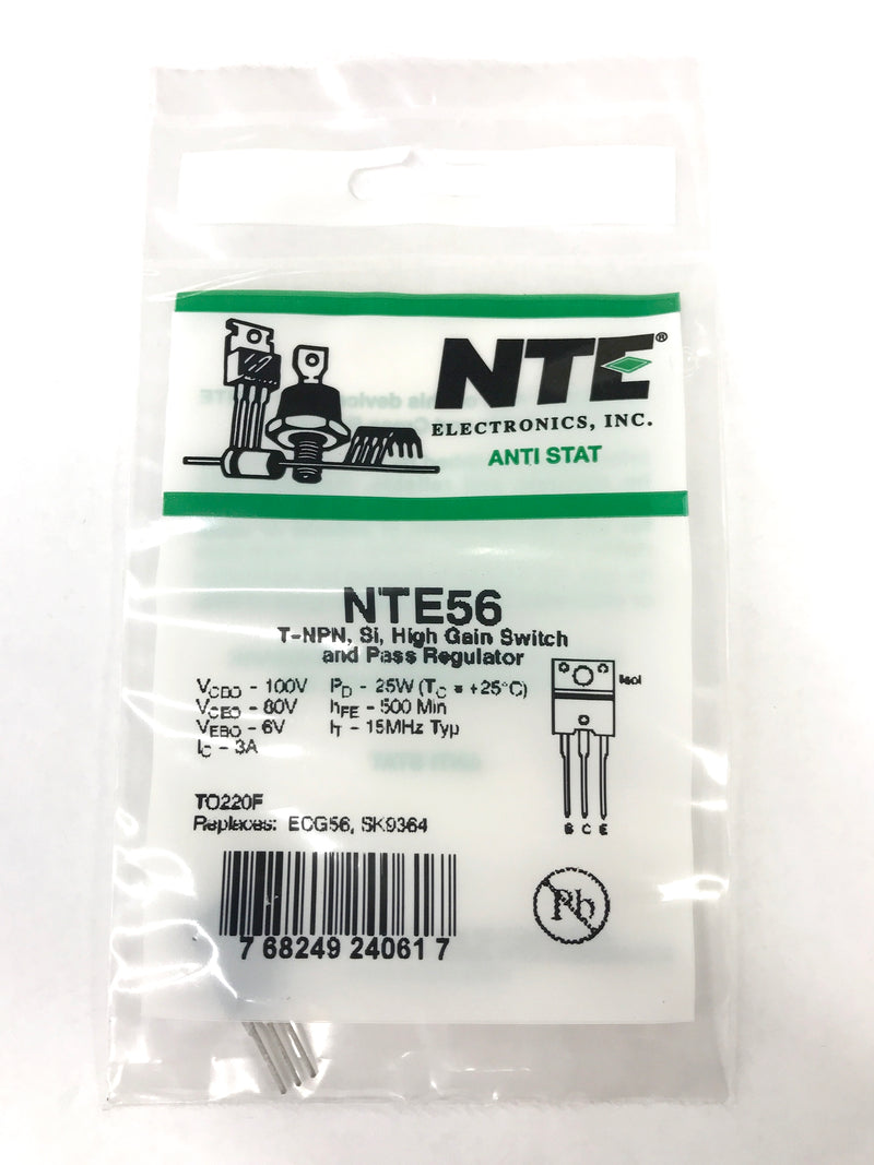 NTE56 NPN Silicon Transistor, 3A @ 80V High Gain Switch ~ TO-220F (ECG56)