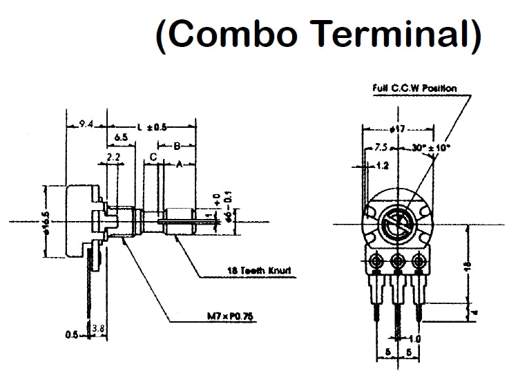 Philmore PC84 10K Ohm Audio Taper Combo Terminal Potentiometer, 16mm Body with 1/4" D Shaft