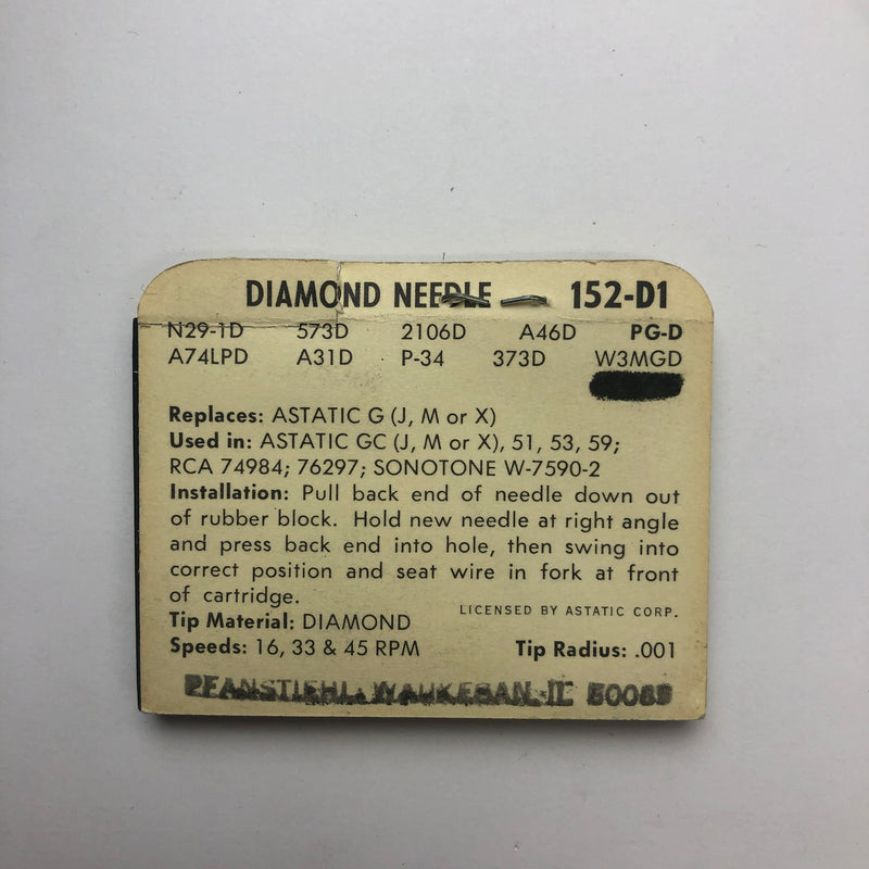 Pfanstiehl 152-D1 Diamond Needle for Astatic, RCA, Sonotone*