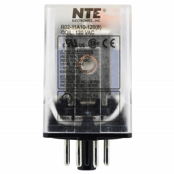 NTE R02-11A10-120 DPDT, 120 Volt AC Coil 10 Amp General Purpose Octal Relay 10A