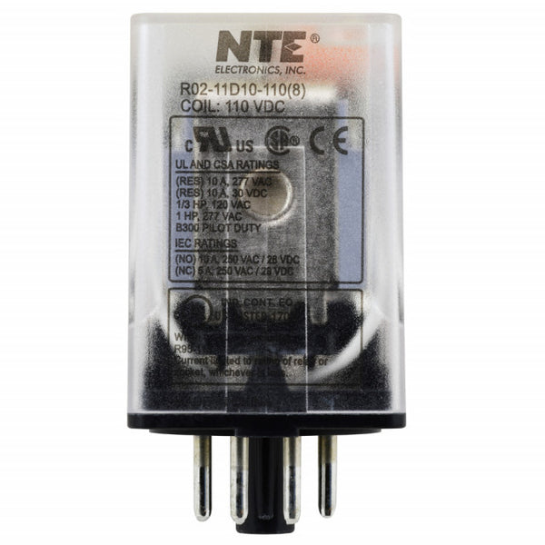 NTE R02-11D10-110 DPDT, 110 Volt DC Coil 10 Amp General Purpose Octal Relay 10A