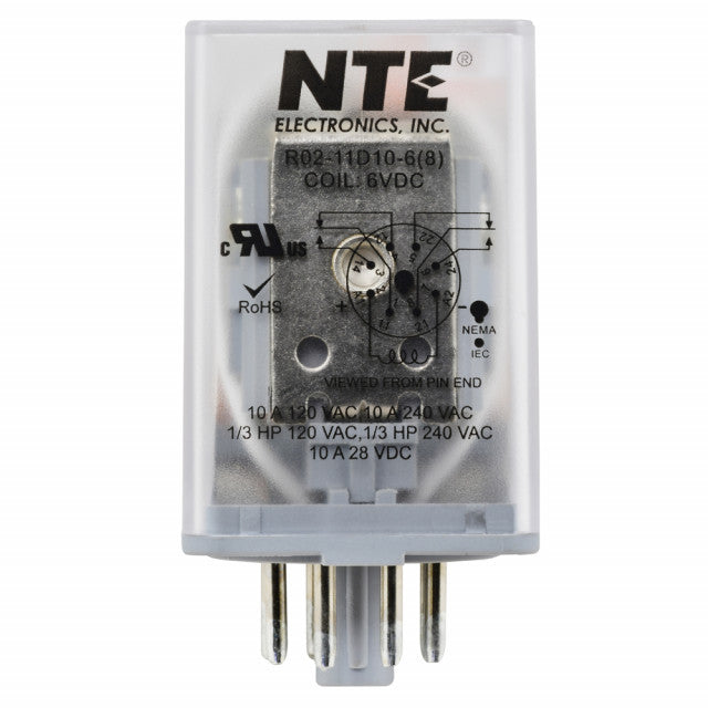 NTE R02-11D10-6 DPDT, 6 Volt DC Coil 10 Amp General Purpose Octal Relay 10A