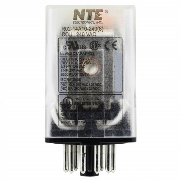 NTE R02-14A10-240 3PDT, 240 Volt AC Coil 10 Amp General Purpose Octal Relay 10A