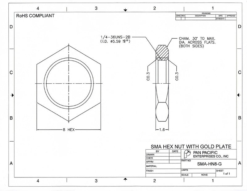 SMA-HN8-G, Gold Plated Hex Nuts for SMA Connectors ~ 50 Pack