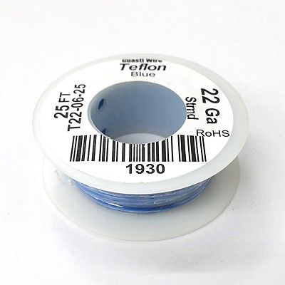 25' 22AWG BLUE Hi Temp PTFE Insulated Silver Plated 600 Volt Hook-Up Wire - MarVac Electronics