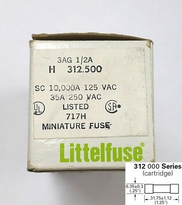 Lot of 5 Littelfuse 312.500, 1/2A @ 250V Fast Blow Fuses ~ 3AG 1/4" x 1 1/4"