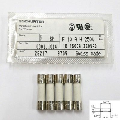 Schurter 0001.1014 10A @ 250V Ceramic Fast Blow Fuses 5mm x 20mm, 5 Pack